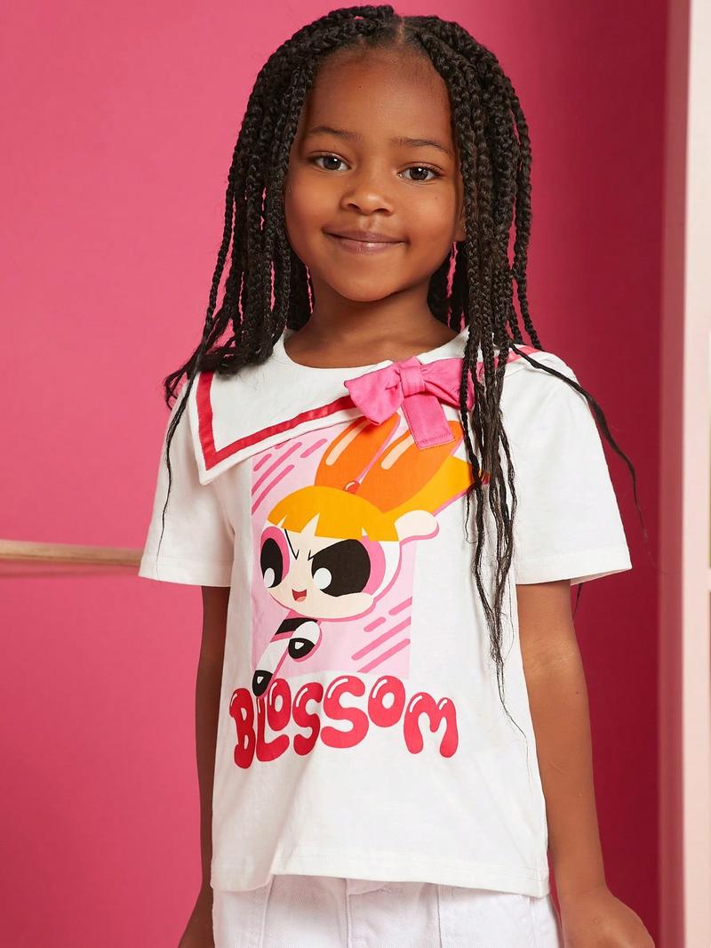 Футболка для девочек SHEIN с рисунком букв и мультфильмов, белый