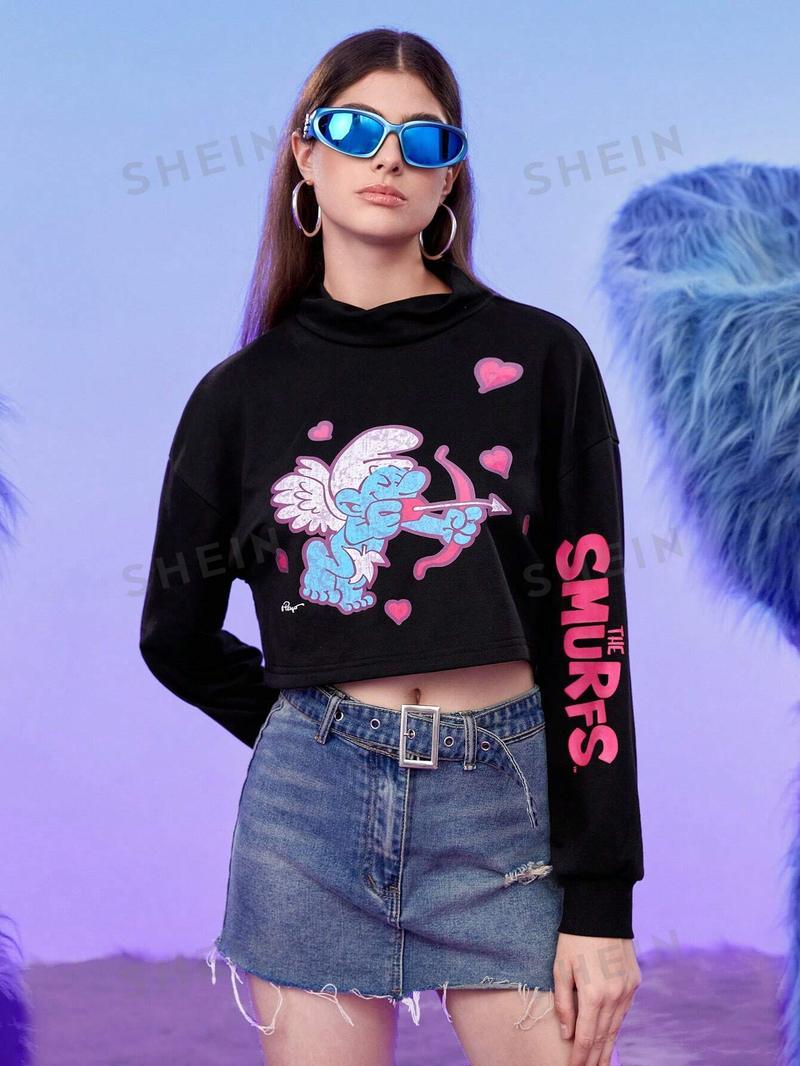 SHEIN Укороченный свитшот с заниженными плечами и мультяшным рисунком, черный SHEIN Укороченный свитшот с заниженными плечами и мультяшным рисунком, черный