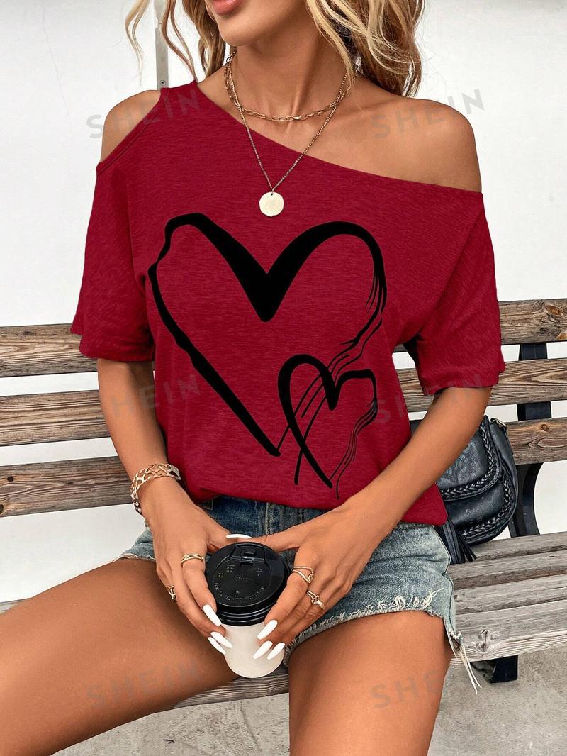 SHEIN Clasi Женская футболка с принтом Love Heart и нерегулярными плечами, красный SHEIN Clasi Женская футболка с принтом Love Heart и нерегулярными плечами, красный