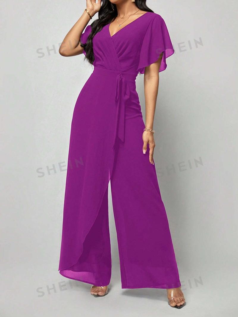 SHEIN Clasi Женский однотонный плиссированный комбинезон с запахом и завязывающимся поясом, красный фиолетовый