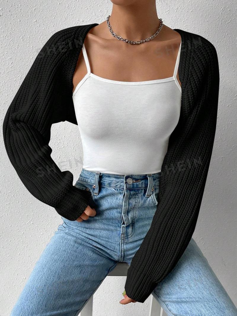 SHEIN EZwear Однотонный базовый укороченный кардиган с открытой передней частью, черный SHEIN EZwear Однотонный базовый укороченный кардиган с открытой передней частью, черный