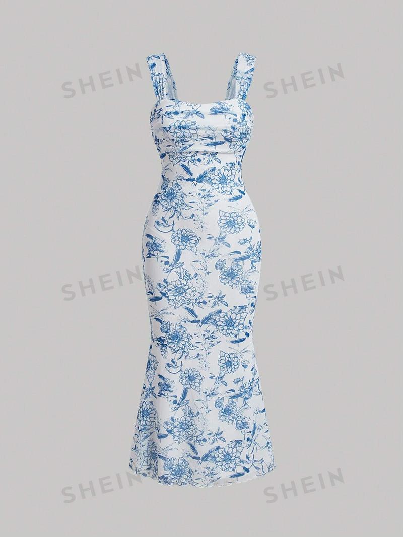 SHEIN MOD Платье трапециевидной формы без рукавов с цветочным принтом и высоким низом на талии, синий