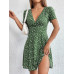 SHEIN EZwear Женское платье с глубоким v-образным вырезом и короткими рукавами с принтом, зеленый