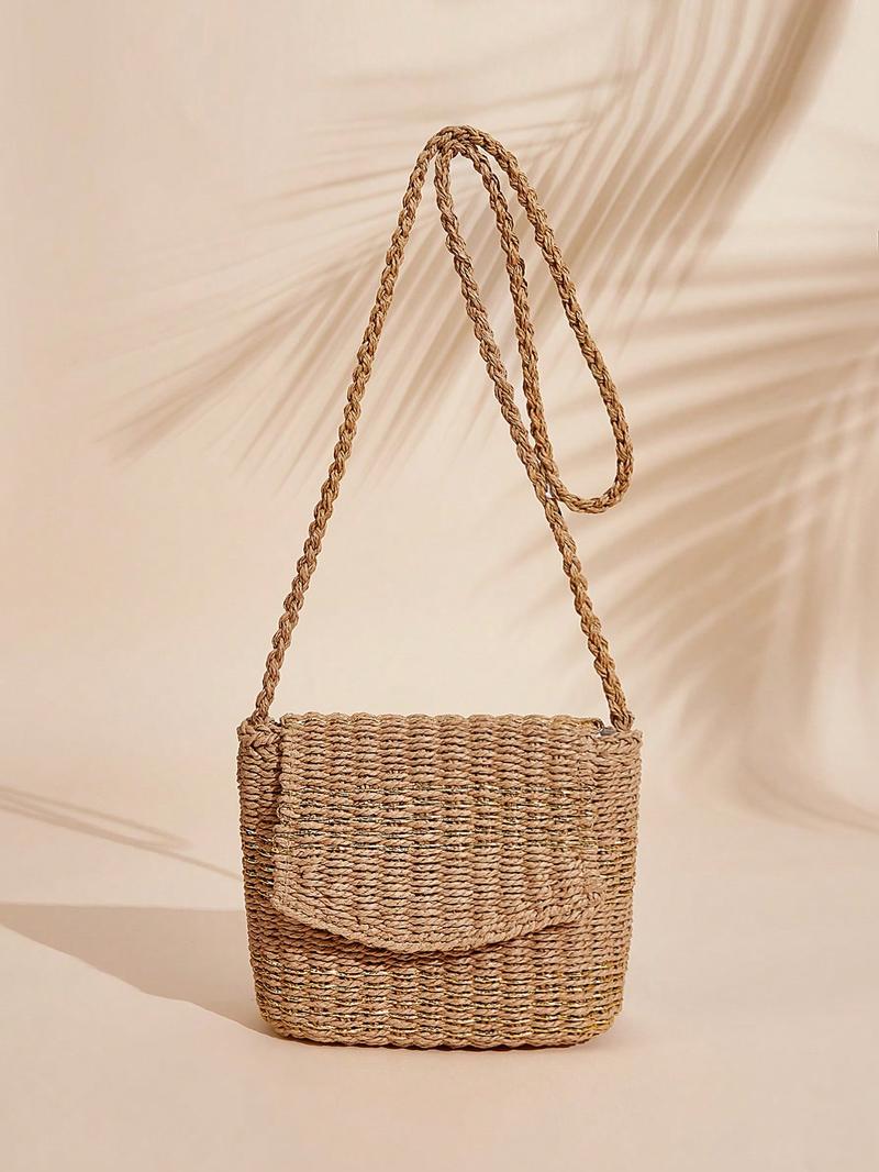 SHEIN VCAY Соломенная сумка с полосатым принтом и клапаном, верблюд