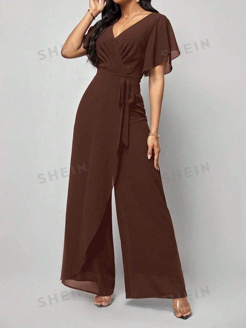SHEIN Clasi Женский однотонный плиссированный комбинезон с запахом и завязывающимся поясом, кофейный коричневый