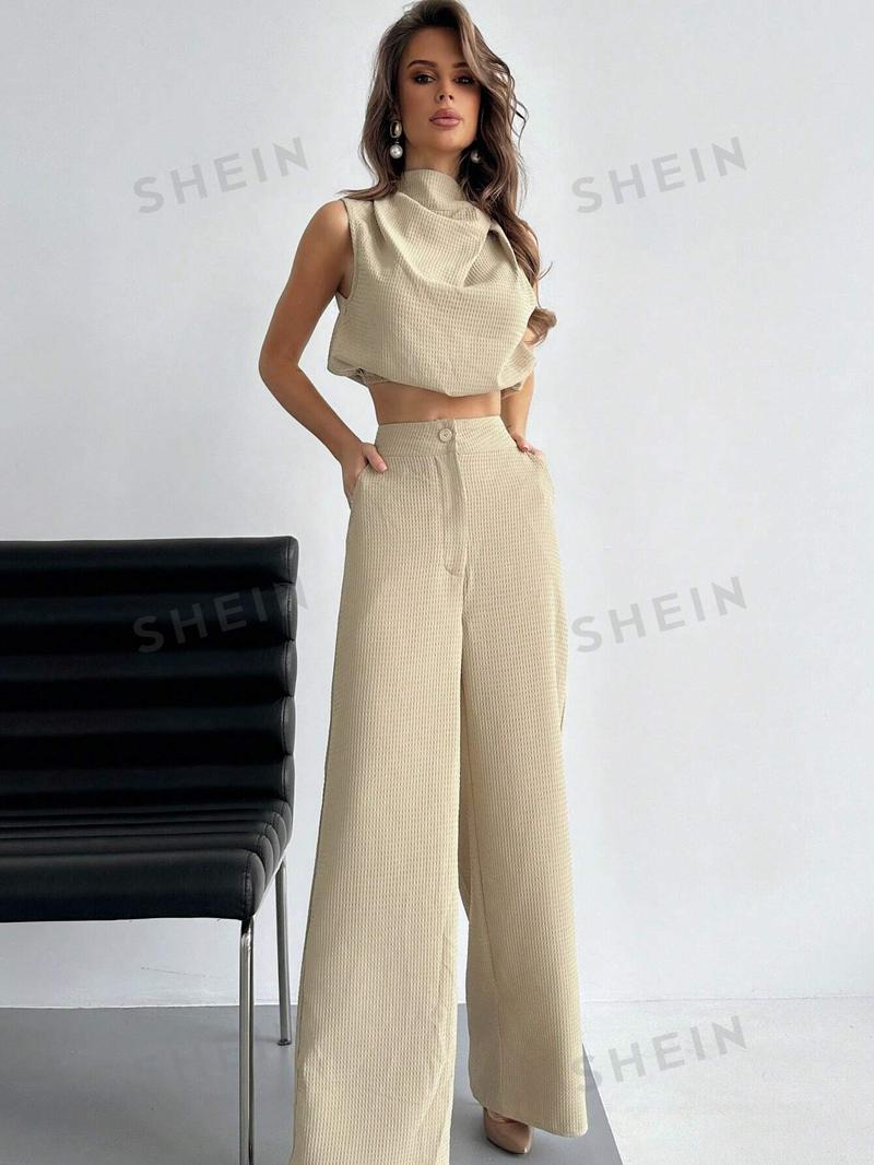 SHEIN Aloruh Элегантный однотонный топ без рукавов и прямые брюки, хаки