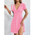 SHEIN EZwear Женское платье с глубоким v-образным вырезом и короткими рукавами с принтом, розовый SHEIN EZwear Женское платье с глубоким v-образным вырезом и короткими рукавами с принтом, розовый