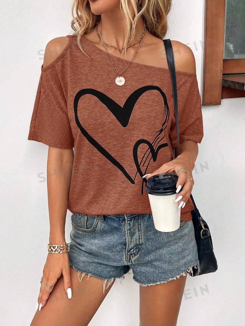 SHEIN Clasi Женская футболка с принтом Love Heart и нерегулярными плечами, раст браун SHEIN Clasi Женская футболка с принтом Love Heart и нерегулярными плечами, раст браун