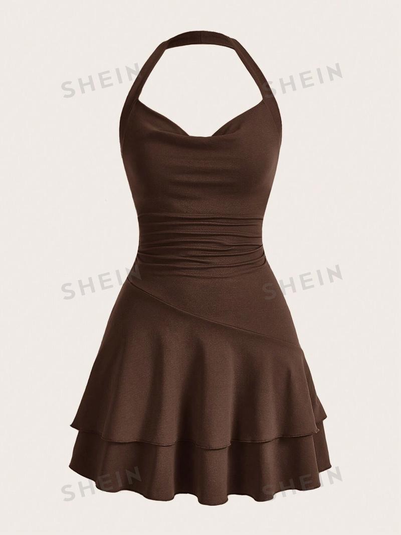 SHEIN MOD однотонное женское платье с бретелькой на шее и многослойным подолом, шоколадно-коричневый