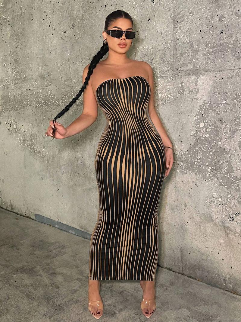 SHEIN SXY Женское облегающее платье в полоску, абрикос SHEIN SXY Женское облегающее платье в полоску, абрикос