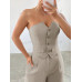 SHEIN EZwear Женский однотонный комплект из топа и брюк без бретелек с однобортной застежкой, абрикос SHEIN EZwear Женский однотонный комплект из топа и брюк без бретелек с однобортной застежкой, абрикос
