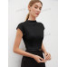 SHEIN BIZwear Женская однотонная футболка с короткими рукавами и воротником-стойкой, черный