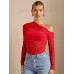 SHEIN BAE Прозрачная приталенная футболка с открытыми плечами и сборками вверх, красный