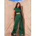SHEIN SXY Женская укороченная футболка однотонного цвета и широкие плиссированные брюки 2 шт./компл., темно-зеленый