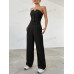 SHEIN EZwear Женский однотонный комплект из топа и брюк без бретелек с однобортной застежкой, черный