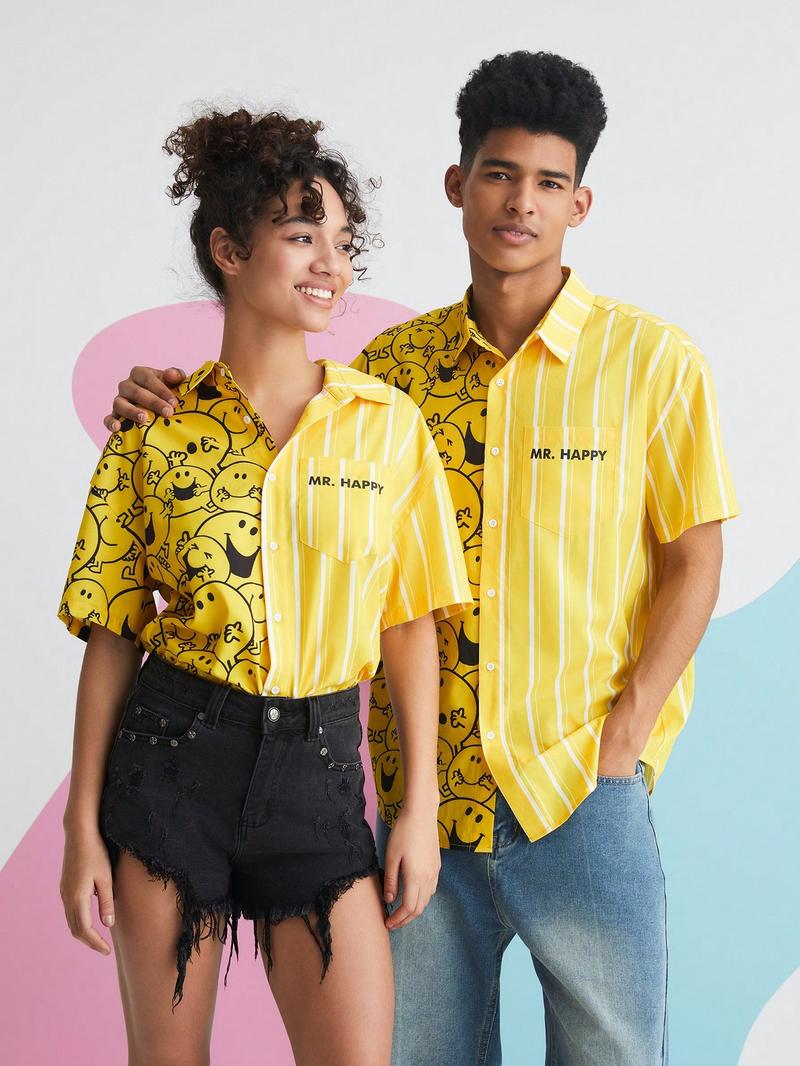 Рубашка унисекс SHEIN с мультяшным и полосатым принтом, желтый