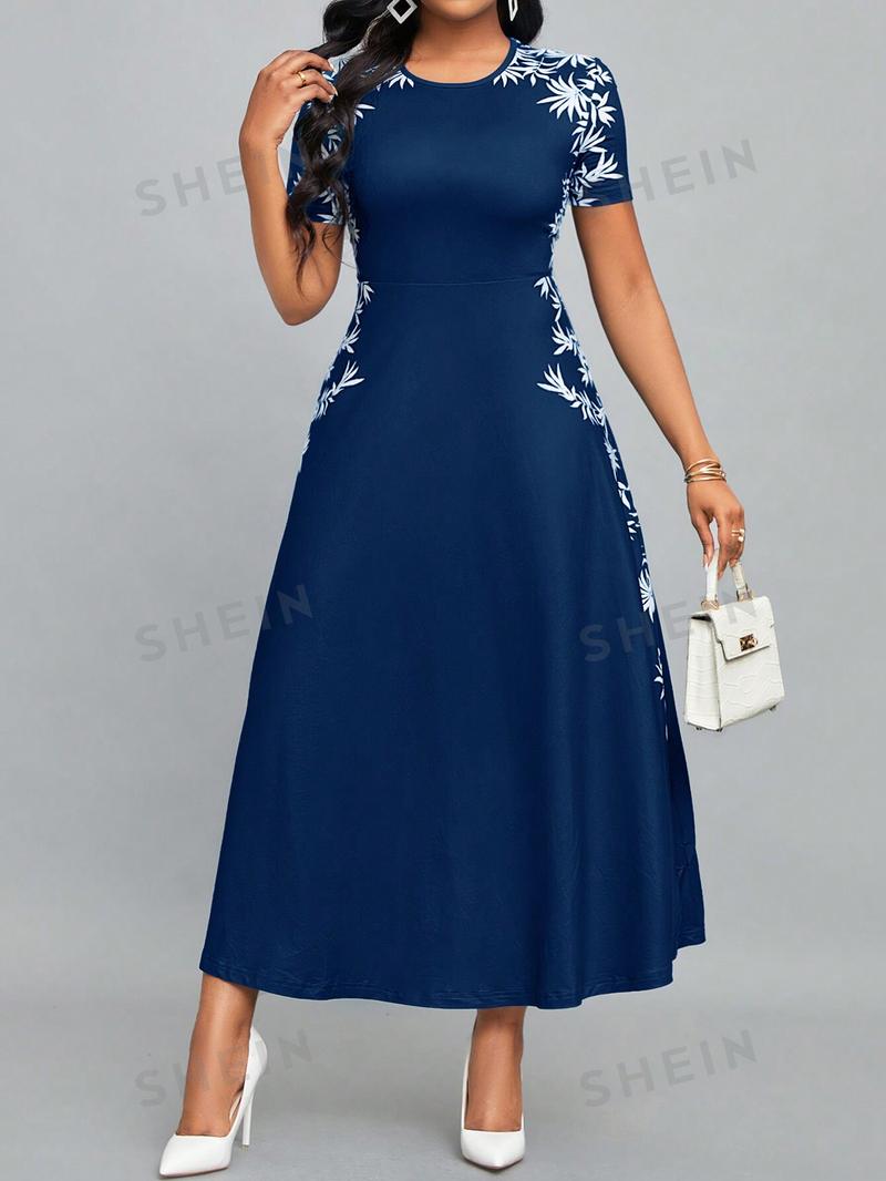 SHEIN Lady Женское платье с круглым вырезом и короткими рукавами с растительным принтом, темно-синий