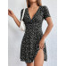 SHEIN EZwear Женское платье с глубоким v-образным вырезом и короткими рукавами с принтом, черный