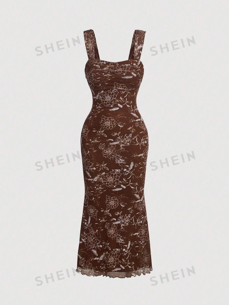 SHEIN MOD Платье трапециевидной формы без рукавов с цветочным принтом и высоким низом на талии, коричневый