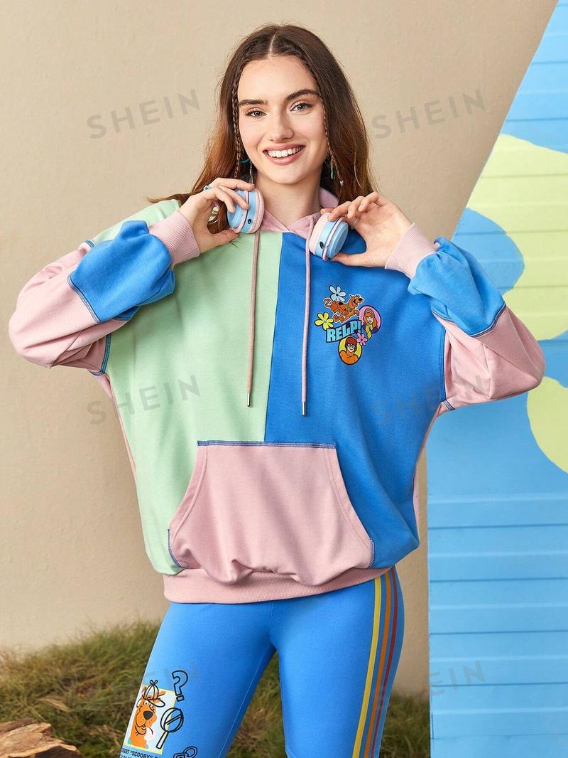 SHEIN Толстовка с капюшоном и карманами-кенгуру с цветными блоками и рисунком в виде мультфильма, многоцветный SHEIN Толстовка с капюшоном и карманами-кенгуру с цветными блоками и рисунком в виде мультфильма, многоцветный