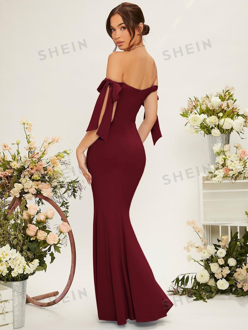 SHEIN Belle Женское платье для подружки невесты на одно плечо с пышными рукавами и узлом, бордовый