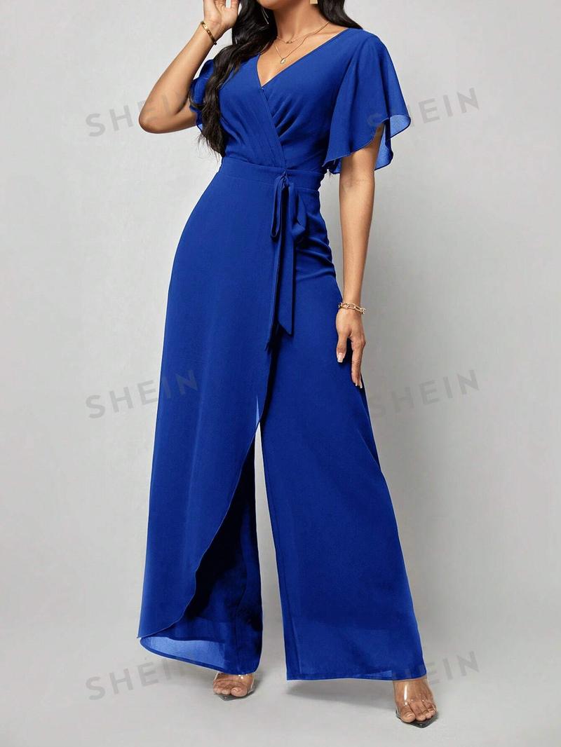 SHEIN Clasi Женский однотонный плиссированный комбинезон с запахом и завязывающимся поясом, королевский синий