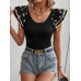 SHEIN Clasi Женская однотонная футболка с короткими рукавами и круглым вырезом с рюшами, черный