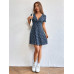 SHEIN EZwear Женское платье с глубоким v-образным вырезом и короткими рукавами с принтом, синий