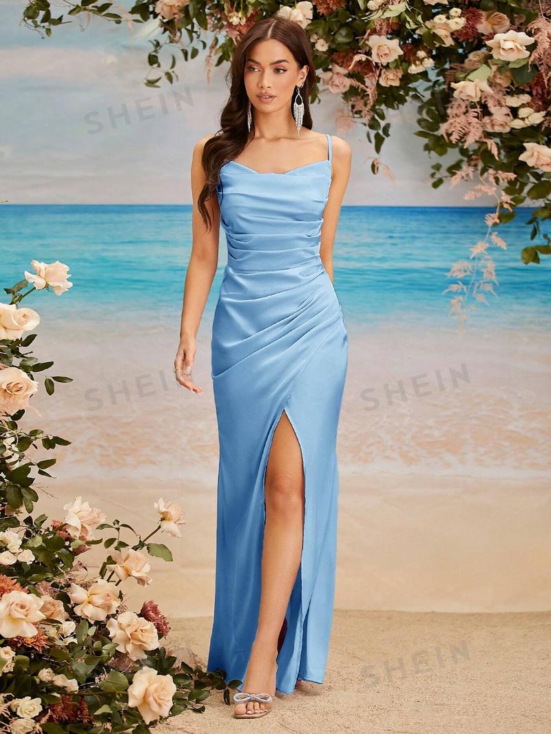 SHEIN Belle однотонное плиссированное платье подружки невесты с высоким разрезом и лямкой для женщин, голубые SHEIN Belle однотонное плиссированное платье подружки невесты с высоким разрезом и лямкой для женщин, голубые