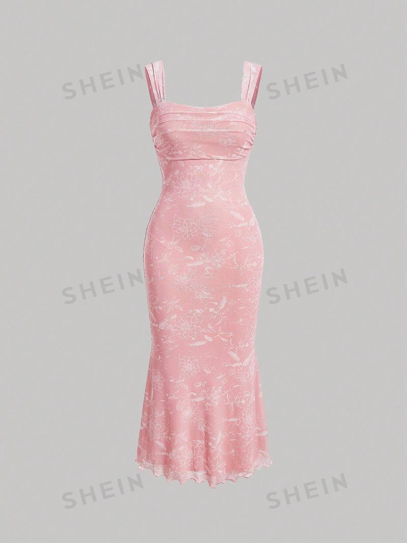 SHEIN MOD Платье трапециевидной формы без рукавов с цветочным принтом и высоким низом на талии, розовый