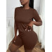 SHEIN Slayr Женский однотонный комплект из футболки и шорт с круглым вырезом и короткими рукавами, шоколадно-коричневый