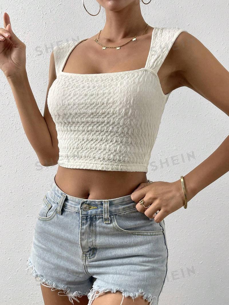 SHEIN Essnce Женская текстурированная однотонная укороченная майка с квадратным вырезом, бежевый SHEIN Essnce Женская текстурированная однотонная укороченная майка с квадратным вырезом, бежевый