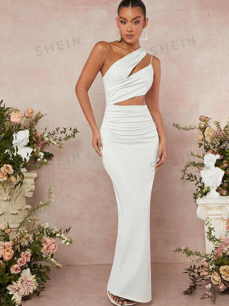 SHEIN Haute Платье на одно плечо с вырезом и рюшами, белый