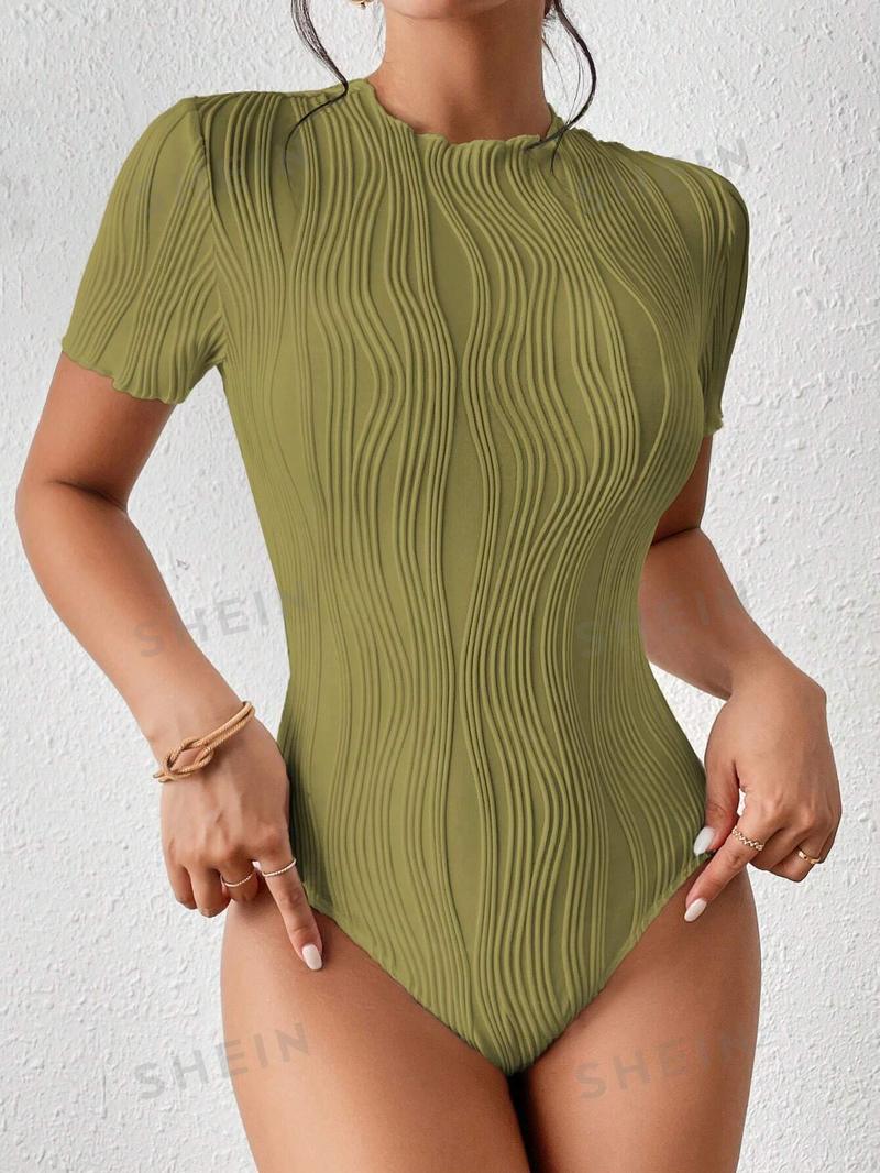 SHEIN Трикотажное боди из однотонной ребристой ткани Frenchy, зеленый