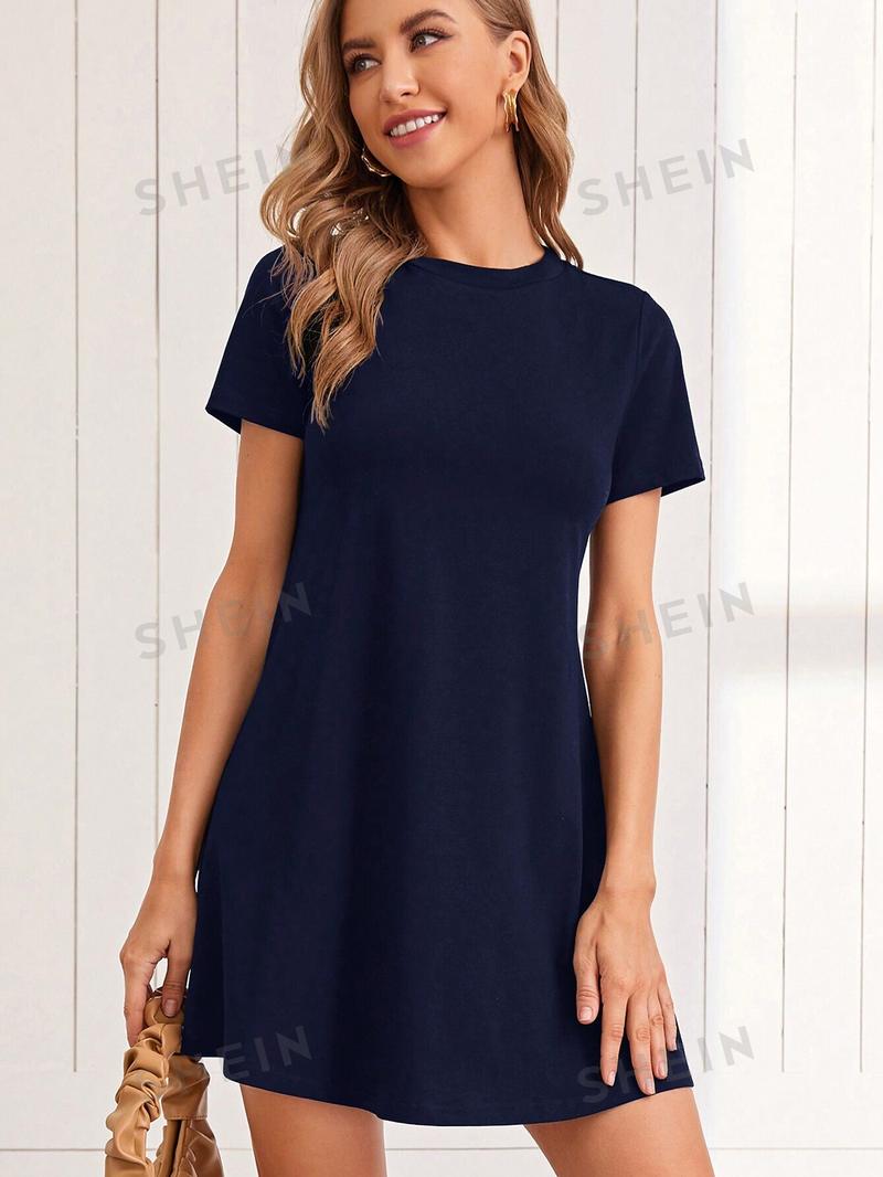 SHEIN LUNE Трикотажное однотонное повседневное платье с круглым вырезом и короткими рукавами, темно-синий