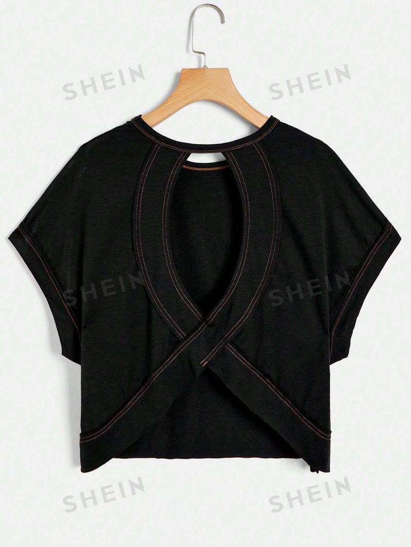 SHEIN Essnce Женская однотонная футболка с рукавами «летучая мышь» и открытой спиной, черный SHEIN Essnce Женская однотонная футболка с рукавами «летучая мышь» и открытой спиной, черный