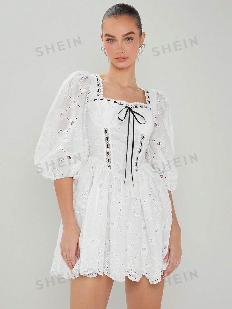 SHEIN ENCHNT Лето-Весна женское милое платье с вырезом сердечком и поясом милое платье, белый SHEIN ENCHNT Лето-Весна женское милое платье с вырезом сердечком и поясом милое платье, белый