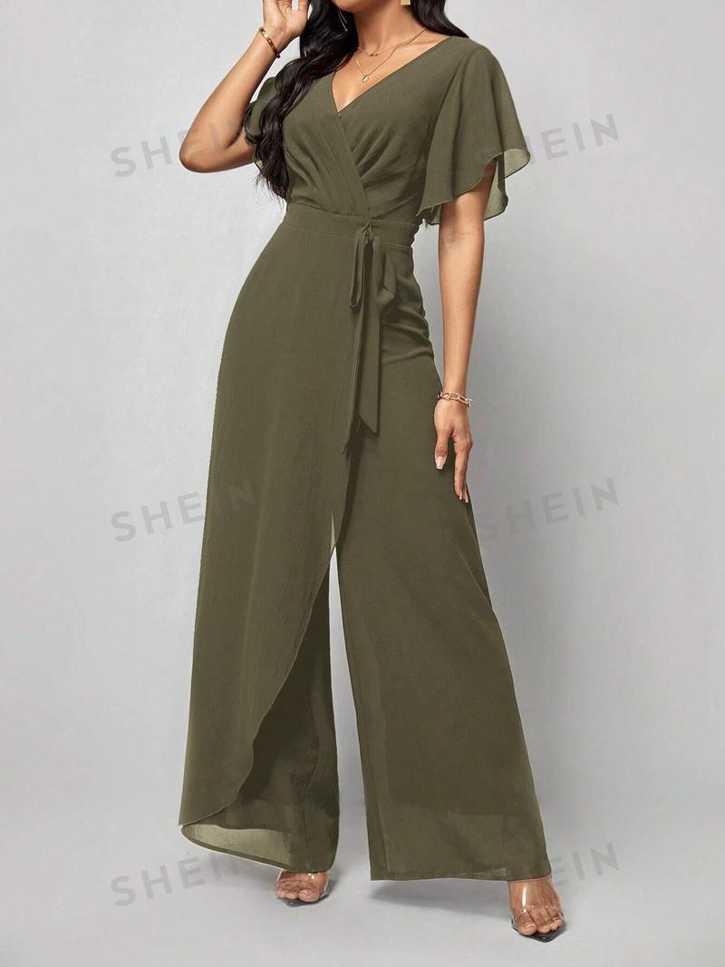 SHEIN Clasi Женский однотонный плиссированный комбинезон с запахом и завязывающимся поясом, армейский зеленый
