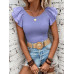SHEIN Clasi Женская однотонная футболка с короткими рукавами и круглым вырезом с рюшами, фиолетовый