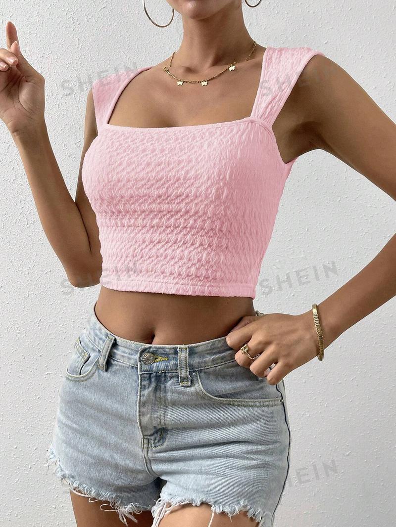SHEIN Essnce Женская текстурированная однотонная укороченная майка с квадратным вырезом, детский розовый SHEIN Essnce Женская текстурированная однотонная укороченная майка с квадратным вырезом, детский розовый