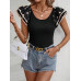 SHEIN Clasi Женская однотонная футболка с короткими рукавами и круглым вырезом с рюшами, черный