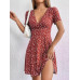 SHEIN EZwear Женское платье с глубоким v-образным вырезом и короткими рукавами с принтом, красный SHEIN EZwear Женское платье с глубоким v-образным вырезом и короткими рукавами с принтом, красный
