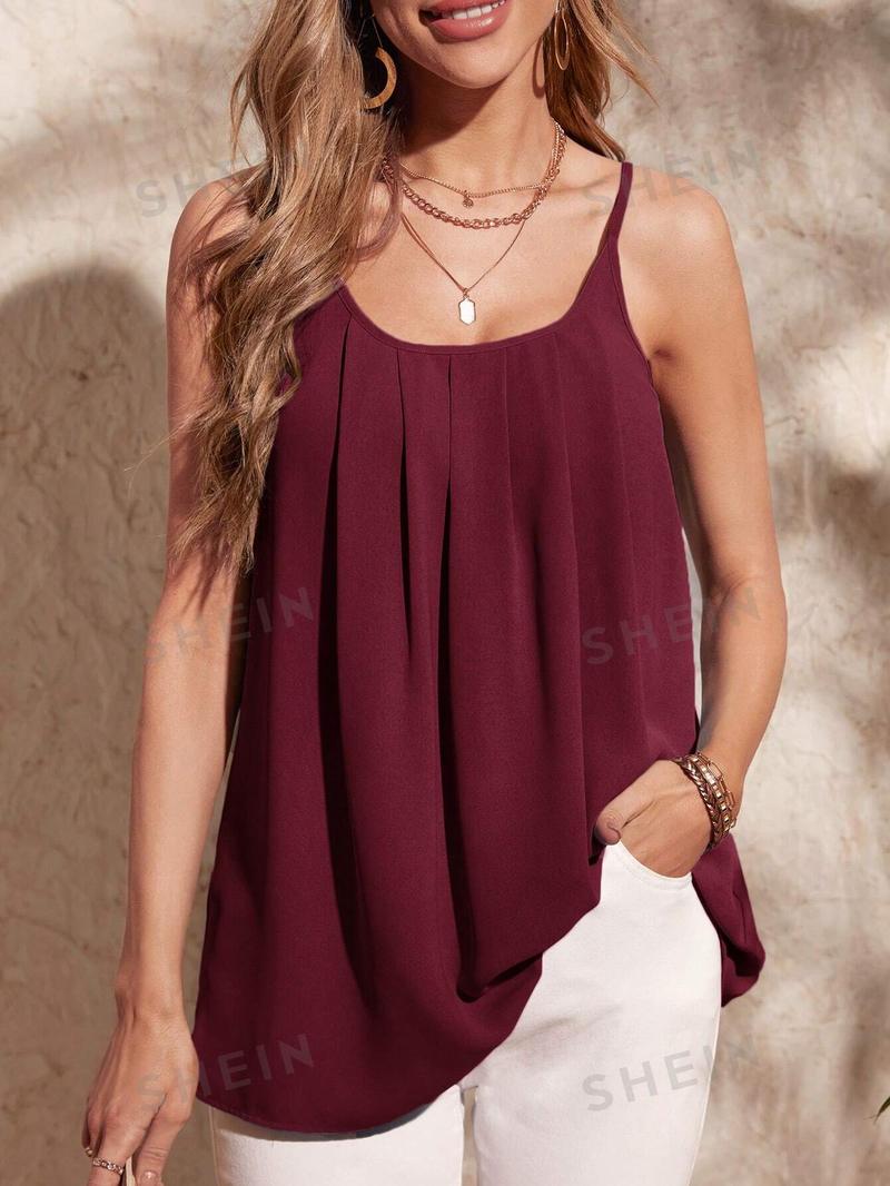 SHEIN Clasi однотонный плиссированный свободный повседневный топ-бретелька, бургундия SHEIN Clasi однотонный плиссированный свободный повседневный топ-бретелька, бургундия
