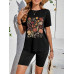 SHEIN LUNE Повседневная женская футболка свободного покроя с короткими рукавами и шортами с цветочным принтом, черный