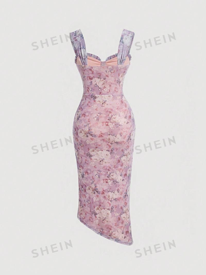 SHEIN MOD Женское плиссированное платье макси с разрезом спереди и цветочным принтом, розовый