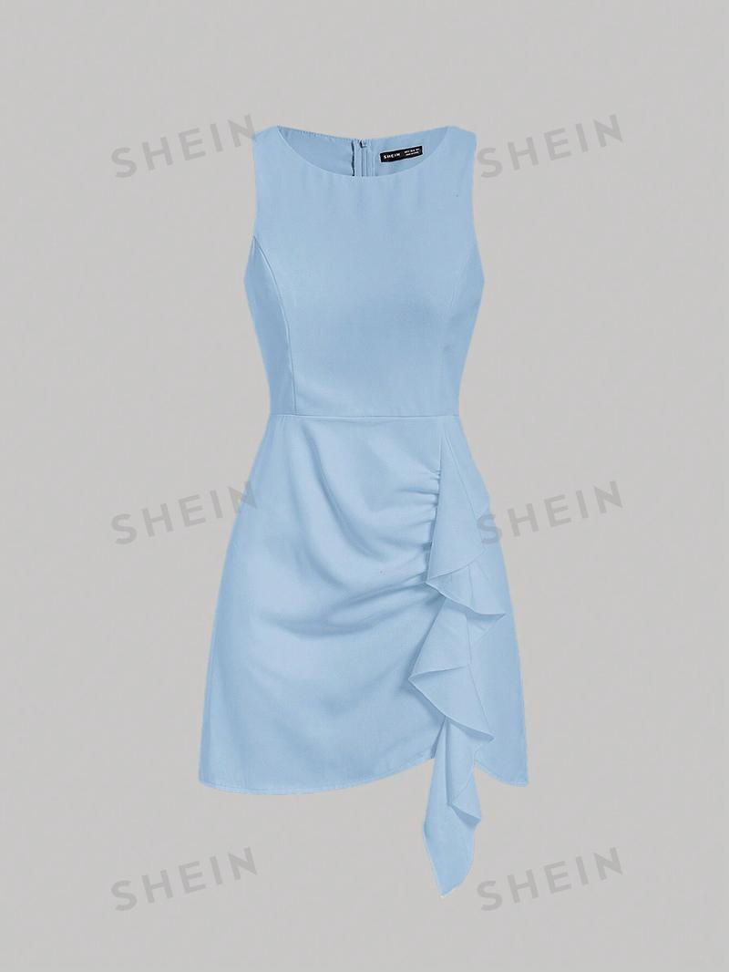 SHEIN MOD однотонное платье-жилет без рукавов с бретелькой на шее и рюшами, голубые