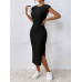 SHEIN Frenchy женское однотонное текстурированное облегающее платье макси с разрезом по бокам, черный