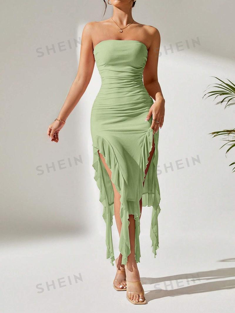 SHEIN PETITE Летнее розовое платье-труба с разрезом до бедра и рюшами, мятно-зеленый