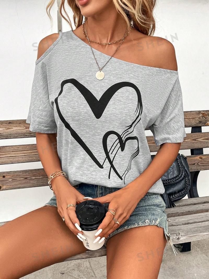 SHEIN Clasi Женская футболка с принтом Love Heart и нерегулярными плечами, серый SHEIN Clasi Женская футболка с принтом Love Heart и нерегулярными плечами, серый