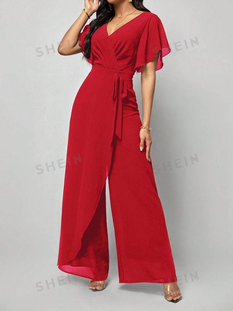 SHEIN Clasi Женский однотонный плиссированный комбинезон с запахом и завязывающимся поясом, красный